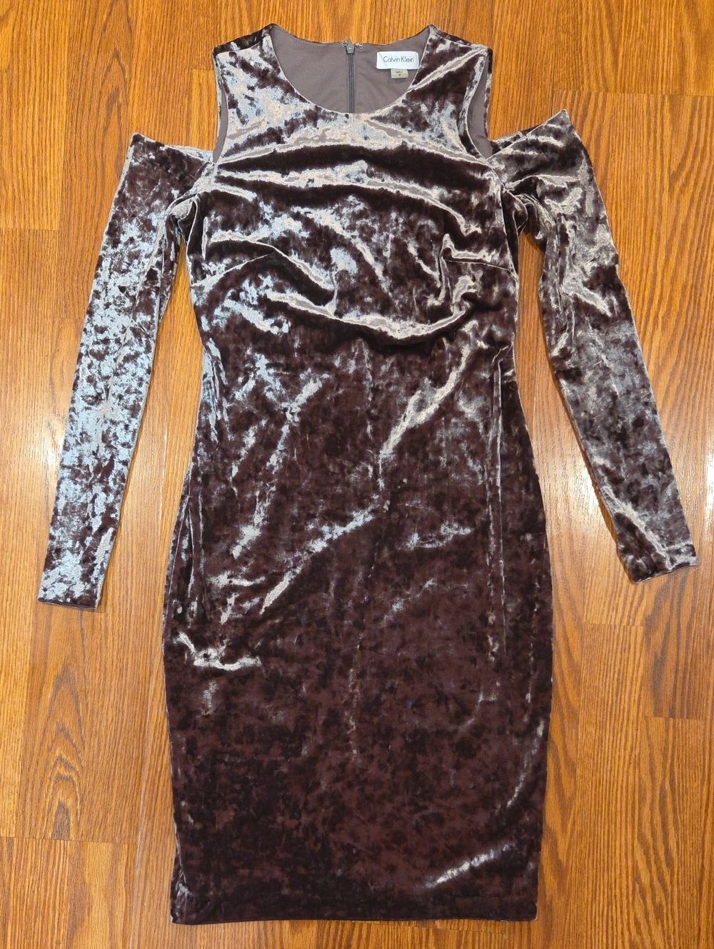 Calvin Klein Crushed Velvet Cold Shoulder Long Sleeve Sheath Dress - Brown